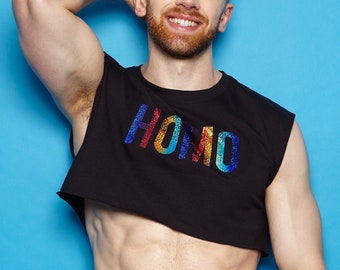 HOMO Rainbow Glitter on Black - Sleeveless Crop.