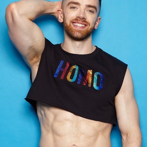 HOMO Rainbow Glitter on Black - Sleeveless Crop.