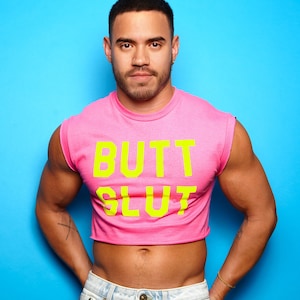 Fluorescent yellow flock butt s/ut - candy pink crop top