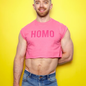 HOMO Logo, pink flock on pink - sleeveless crop top