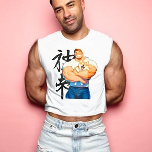 Jojo Bear: Hunky guy with puppy on white - sleeveless low cut crop top