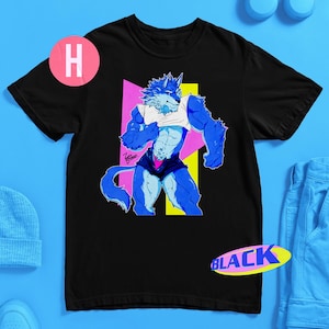 May include: Black t-shirt featuring a blue and white anthropomorphic wolf graphic. The wolf is flexing, with a pink and yellow geometric background. The word "BLACK" is in a yellow oval. A pink circle with the letter "H" is on the left.