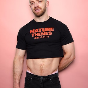 Slogan tee: Mature themes, red print on black - crop top