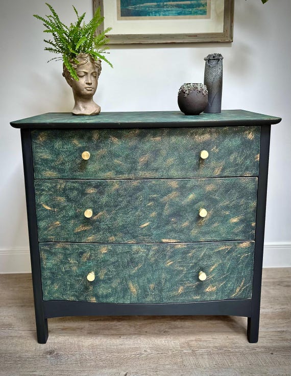 Painted Black 3-drawer Chest, Textured Green Gold Finish - Etsy Painted Black 3-drawer Chest, Textured Green Gold Finish - Etsy