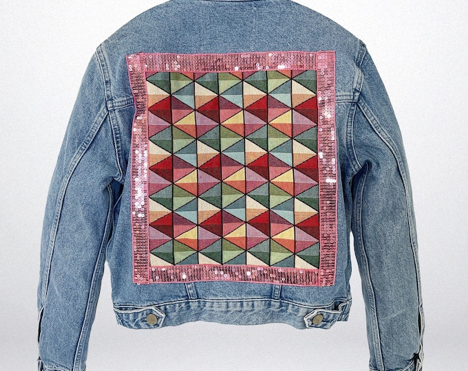 Denim Jacket with colourful embroidery back panel and pink sequins. Size XS / UK 8