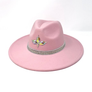 Fedora Signature hat, Pink, Silver, One size, adjustable, embellished, ladies day, festival hat, boho, wide brim, crystals