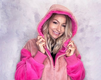 Pink faux fur hooded bomber top
