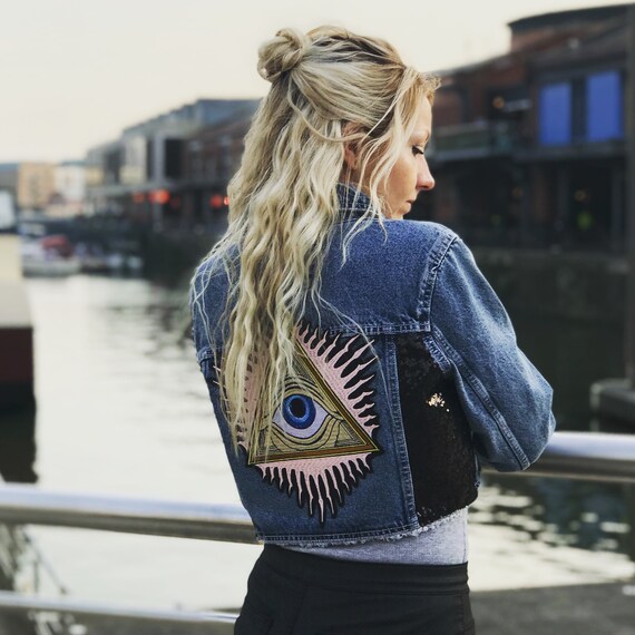 Cropped Denim Jacket Eye Embroidery 