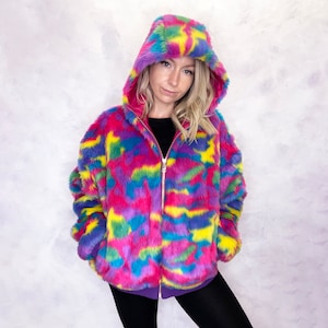 Multi Colour Faux Fur Hooded Bomber Jacket. Handmade in the UK