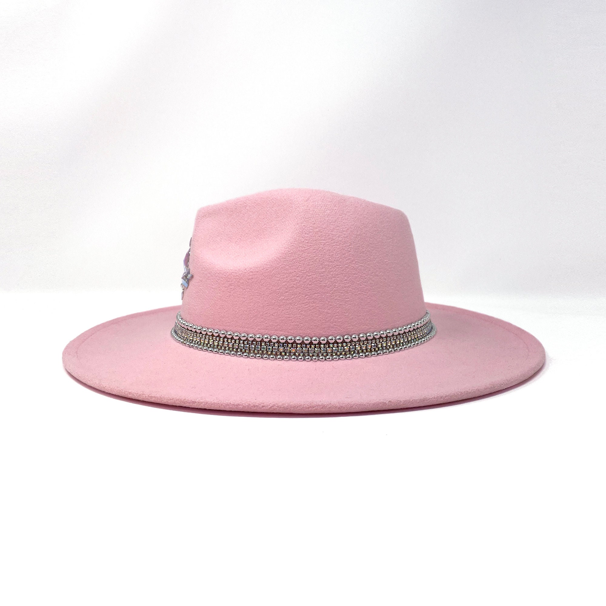 Embellished Pink Fedora Hat: Crystal Boho Wide Brim - Etsy display picture 3