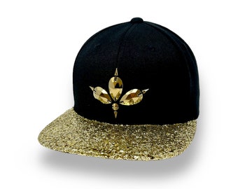 Black flat peak snapback, cap, Gold glitter peak, day festival, festival hat, festival outfit, party hat, rave wear, Headwear