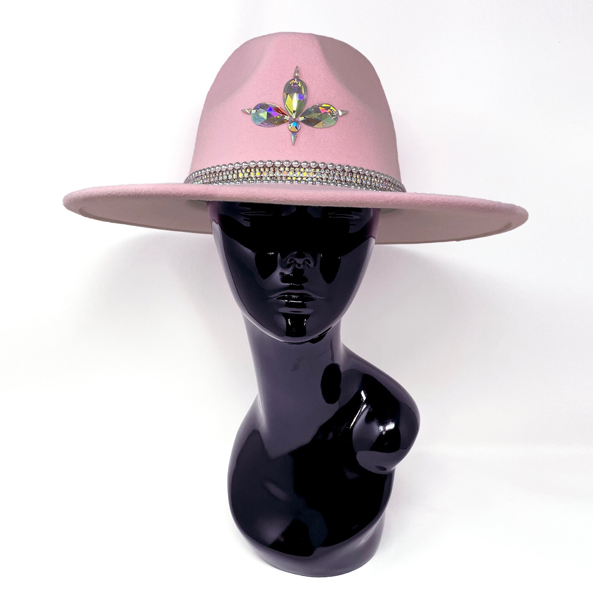 Mauve felt hat with a wide brim and a beautifully crafted crystal adornment Handburned and bedazzled hat design main image 2