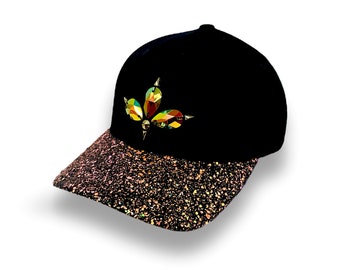 Black curved  peak cap, UV orange glitter mix peak, day festival, festival hat, festival outfit, party hat, rave wear, Headwear, accessories