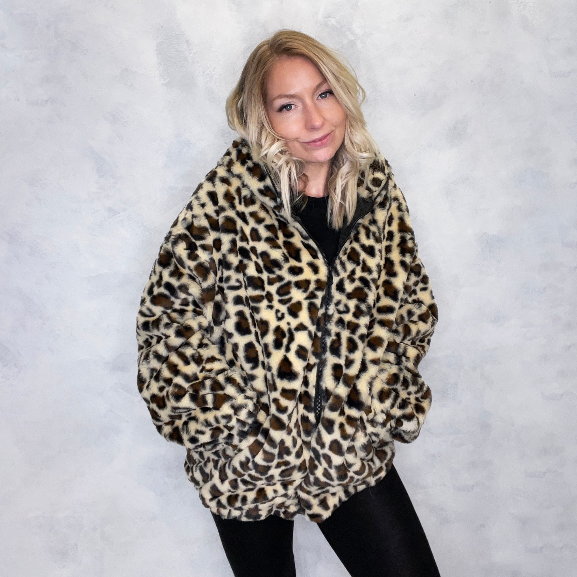 Leopard Print Faux Fur Jacket in Brown
