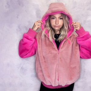 Pink and Hot Pink Faux Fur Hooded Bomber Jacket. Handmade in the UK