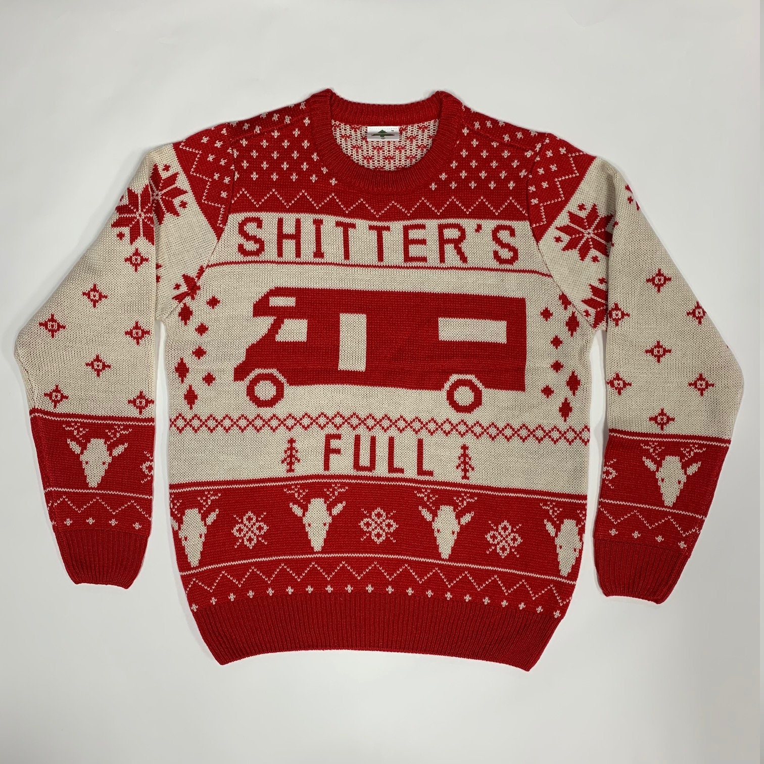 80s Mens Sweaters, Sweatshirts, Knitwear Christmas Vacation Shitters Full Ugly Sweater Red $49.95 AT vintagedancer.com