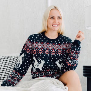 Reindeer Funny Ugly Christmas Sweater Navy