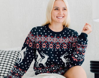 Reindeer Funny Ugly Christmas Sweater Navy