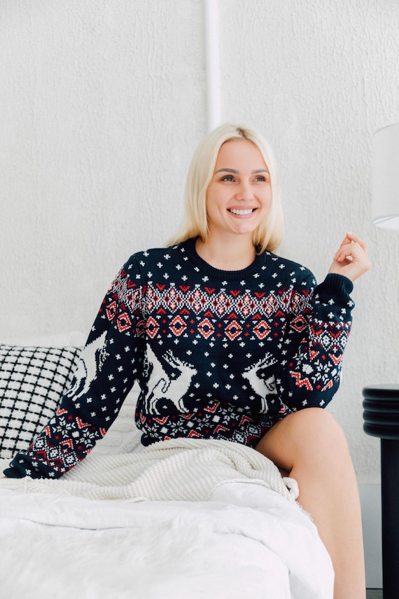Ugly Christmas Sweater Dress For Women – Funny Reindeer Knit Pullover, Holiday Party Dress – Plus Size Available In Black, Red & More - View #10