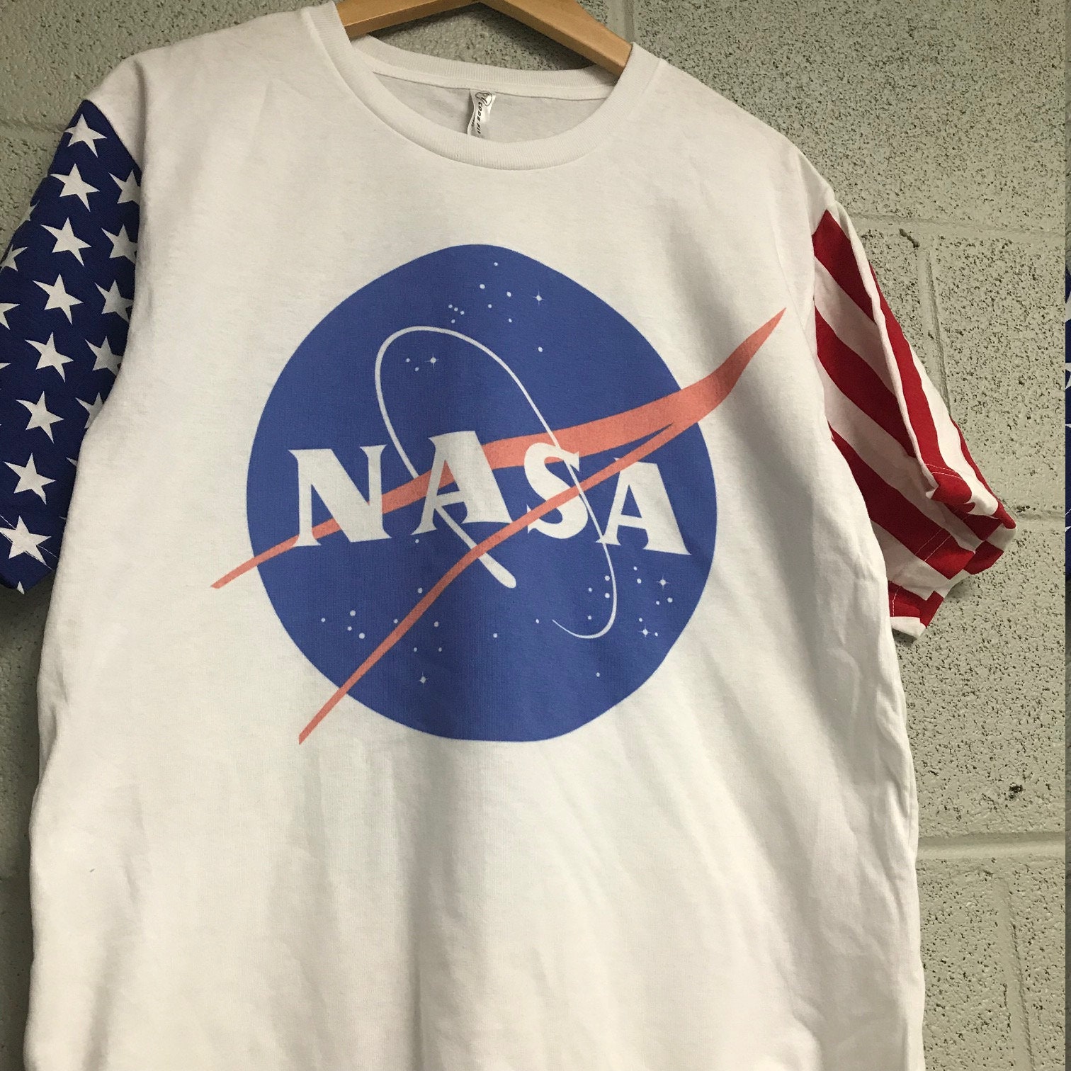 Nasa Meatball Logo USA Flag Sleeve White T Shirt - Etsy