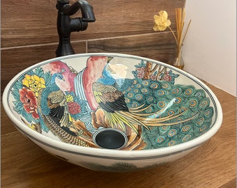 Lavabo de cerámica/lavabo de baño/tocador/pintado a mano/hecho a mano en stock en EE. UU.