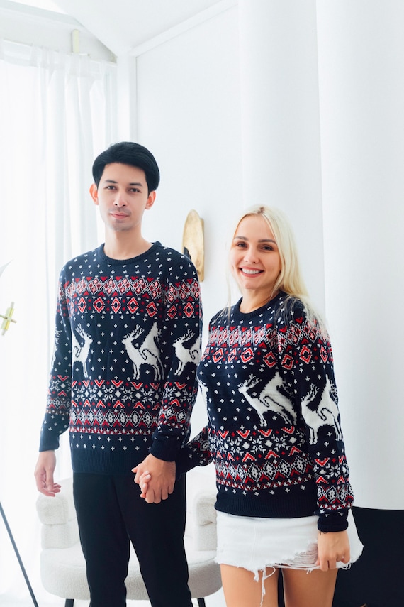 Reindeer Funny Ugly Christmas Sweater Navy Etsy