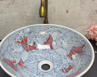 Lavabo de cerámica/lavabo de baño/tocador/pintado a mano/hecho a mano. ¡Producto original de EE. UU.!