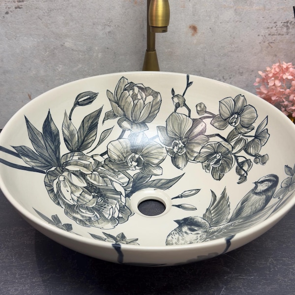 Lavabo de cerámica/lavabo de baño/tocador/pintado a mano/hecho a mano. ¡Producto original de EE. UU.!