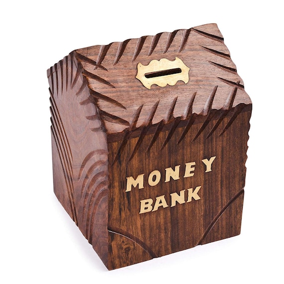 WhopperIndia Wooden Handmade Coins Storage Money Bank with Carving Work Piggy Bank for Kids 4 X 4 Inch
