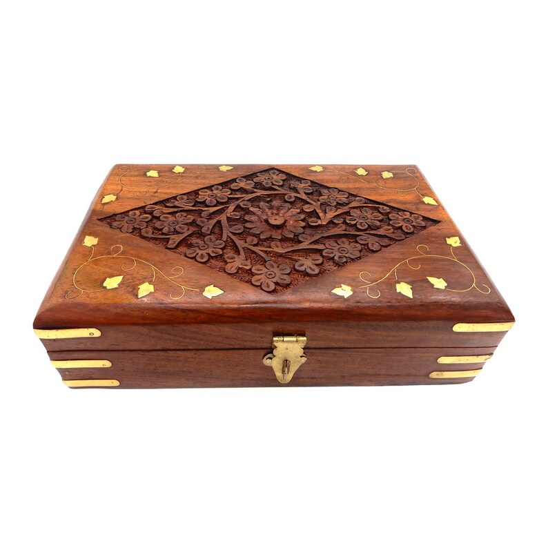Wooden Keepsake Box Jewelry Trinket Storage Organizer Handmade Elephant Motif