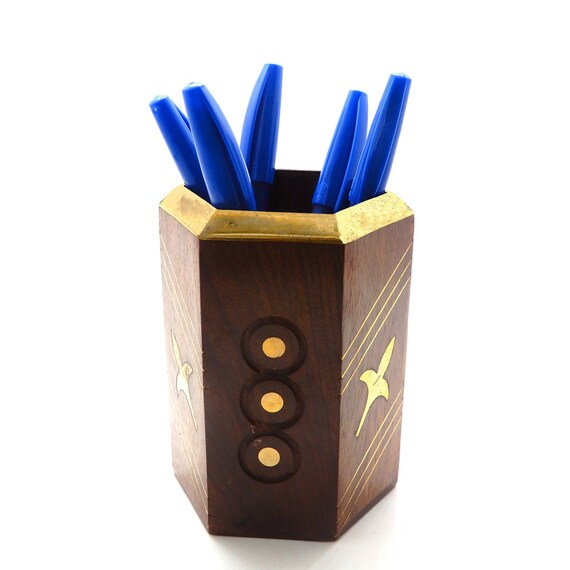 Whopper Wooden Desk Pen Pencil Holder Stand Multi Purpose Use Cup Pot Organizer With Flower Inlay 4 Inch