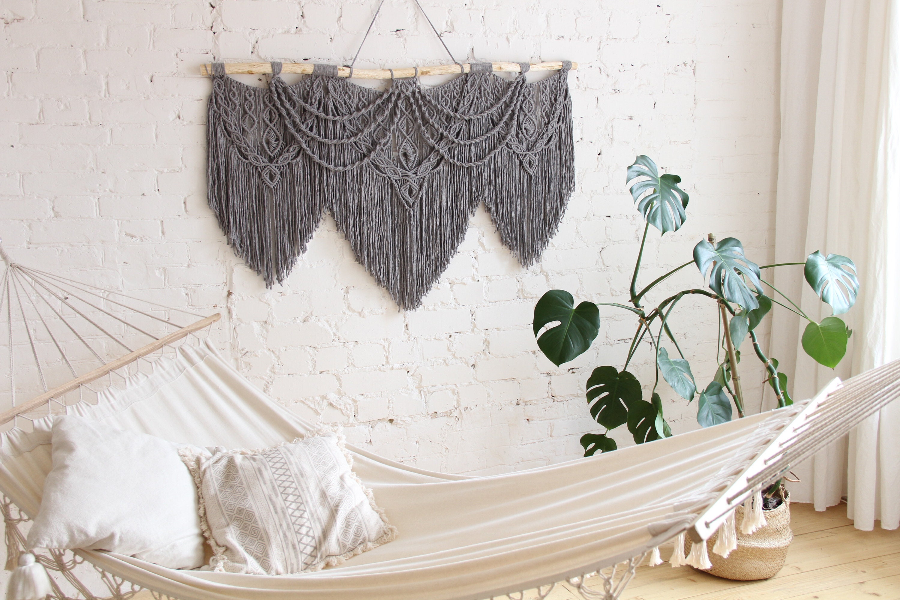 Gray large macrame wall hanging on natural wooden Over the Etsy