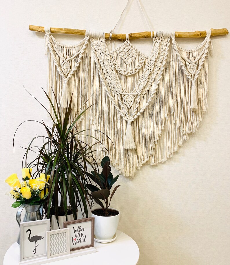 Gray macrame wall hanging on wood branches boho decor for Etsy