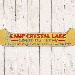 Camp Crystal Lake Sign, Canoe Rentals, Horror Fan Gift, Halloween Decor, handmade slasher movie sign, memorabilia collectible