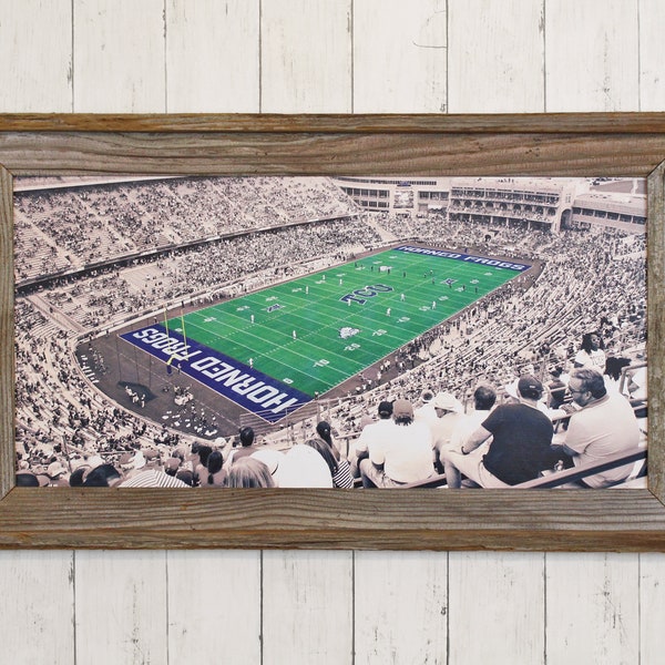 Amon G. Carter Stadium - Ft. Worth, TX, Original Artwork - TCU Horned Frogs Football Stadium - Reclaimed barn wood Framed Art - 24" x 12"