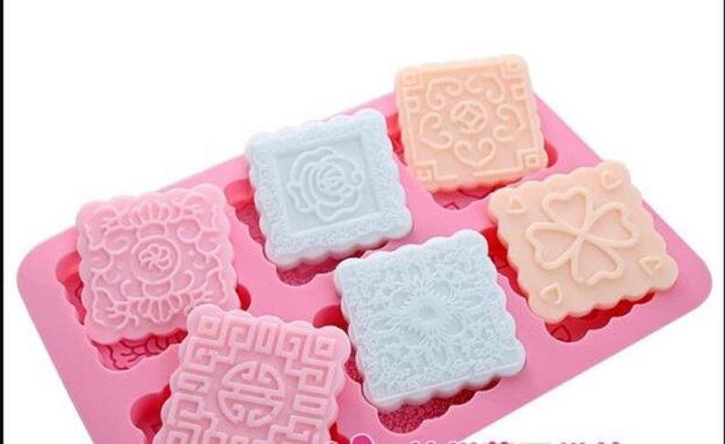 6-cavity Square Floral Cake Mold Flexible Silicone Soap Mold For Handmade Soap Candle Candy