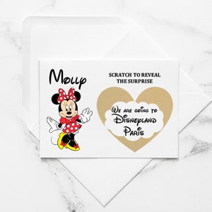 Personalised Minnie / Mickey Mouse Holiday announcement surprise reveal greeting scratch card - disneyland - disneyworld - disney on ice