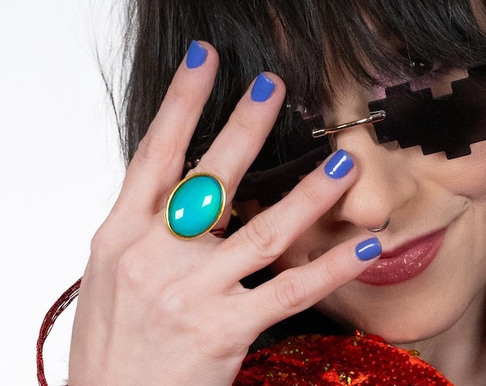 Featured listing image: Chunky Gold Oval Mood Ring | WATERPROOF | Hypoallergenic | Adult Mood Jewelry | Emotional Support Accessory | Hand Painted