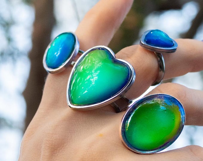 Featured listing image: Waterproof Heart Mood Ring | Hypoallergenic Allergy Safe | Tarnish Free Silver Steel | Chunky Retro Vintage Whimsical Boho Jewelry (LARGE)