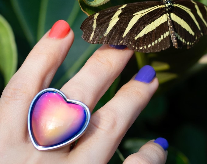Featured listing image: Waterproof Heart Mood Ring | Hypoallergenic Allergy Safe | Tarnish Free Silver Steel | Chunky Retro Vintage Whimsical Boho Jewelry (LARGE)