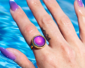 Bague d'humeur en or waterproof | CERCLE | Hypoallergénique sans danger pour les allergies | Or 18 carats, acier sans ternissement | Bijoux d'ambiance rétro fantaisistes et délicats (PETITS)
