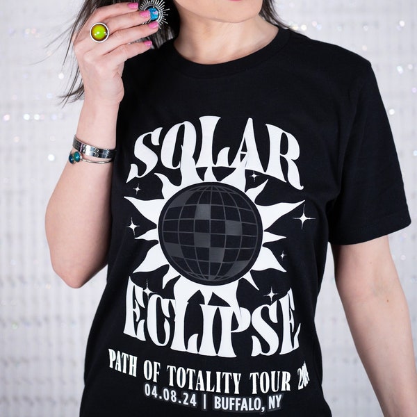 SOLAR POWERED Color Changing ECLIPSE T Shirt, Path of Totality Tee, Glow in the Dark Solar Reactive Light Reflective, Choose your city!
