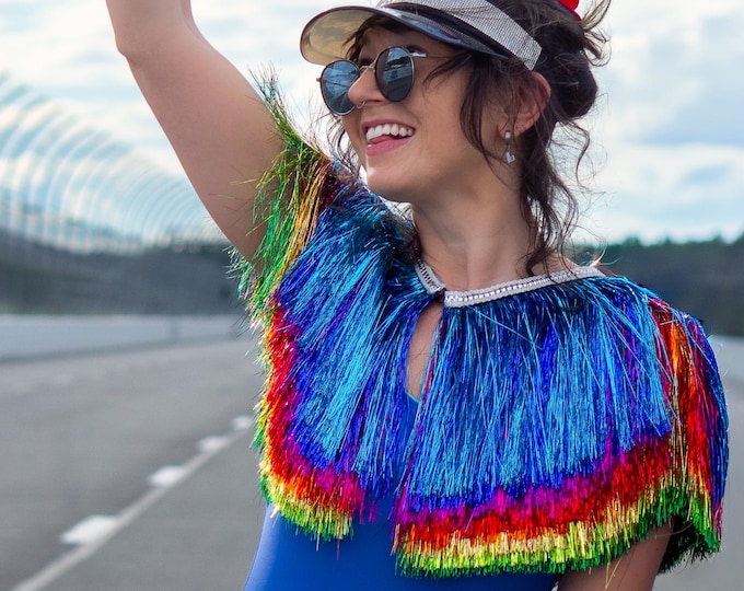 Featured listing image: Rainbow Tinsel Shawl Collar Capelet Shoulder Piece | Fringe Party Shrug Sparkly Sequin Sleeveless Stage Wear | 9 Color (Silver Foil Trim)
