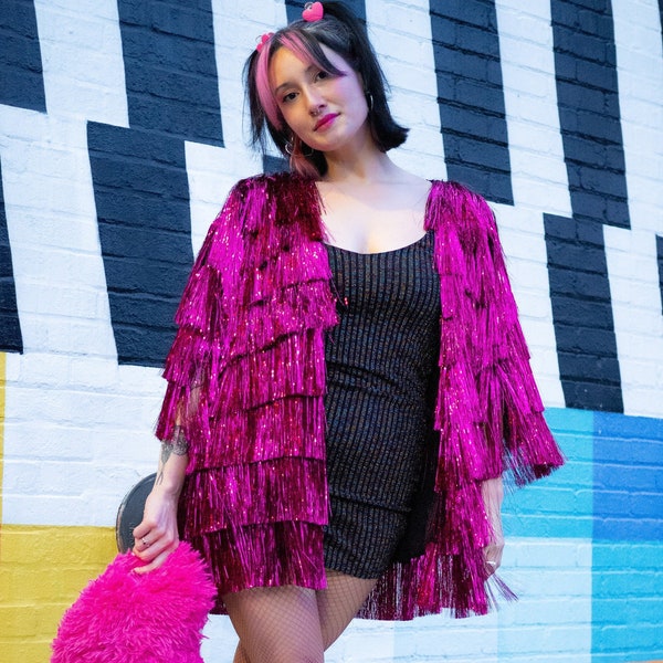 Fuchsia Karma Pink Tinsel Fringe Long Sparkle Swift Jacket