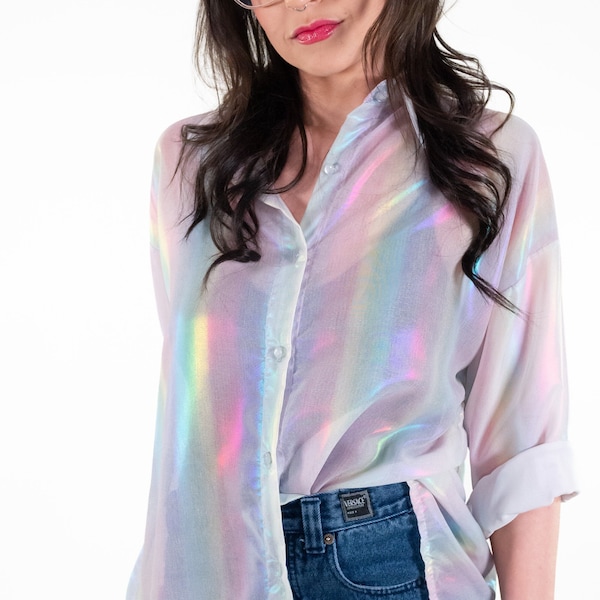 Holographic White Button Up Top: Be a Rainbow in a world of boring workwear