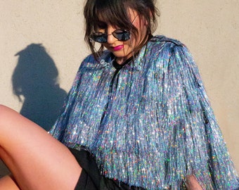 Holographic Tinsel Fringe Crop Karma Jacket