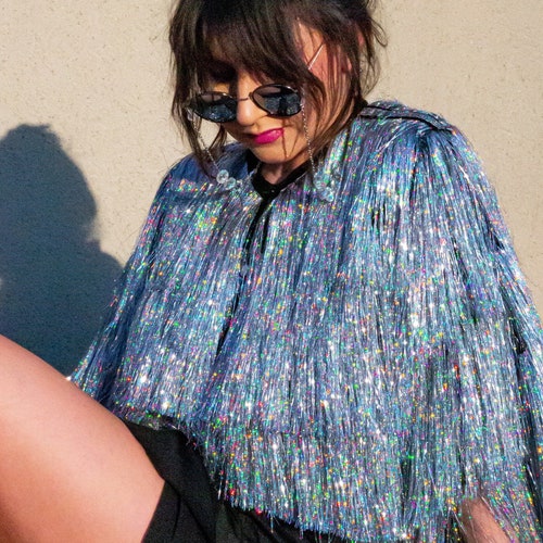 Rainbow Tinsel Fringe Studded Jacket Etsy