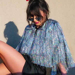 Holographic Tinsel Fringe Crop Karma Jacket