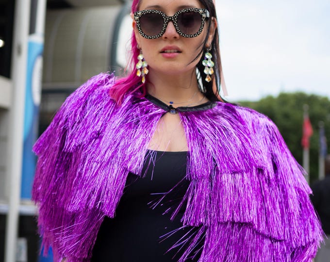 Featured listing image: Purple Lilac Tinsel Fringe Jacket | Rhinestone Trim Tinsel Jacket | Festival Concert Rave Party Stage Wear