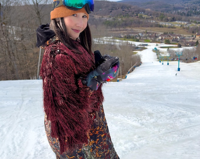 Featured listing image: Burgundy Tinsel Fringe Jacket | Crop Sequin Sparkly Party Concert Outfit Coat | Festival Rave Wear (Rhinestone Metal Stud Shoulder Trim)